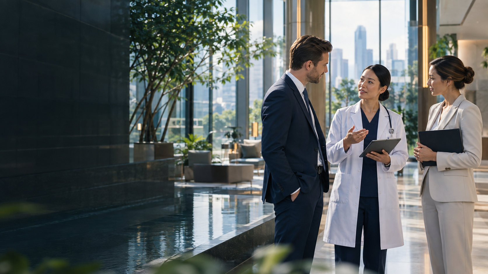 Hospital and international business leaders in discussion